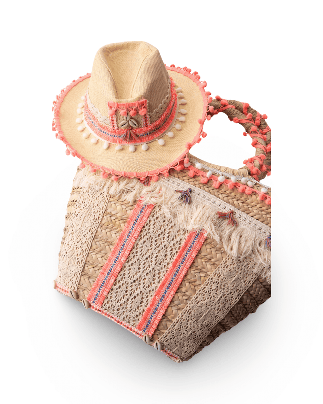Orange Hand Beaded Straw Beach Hat and Bag
