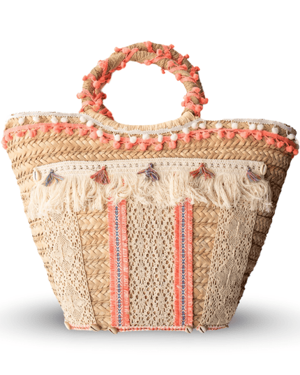 Orange Hand Beaded Straw Beach  Bag