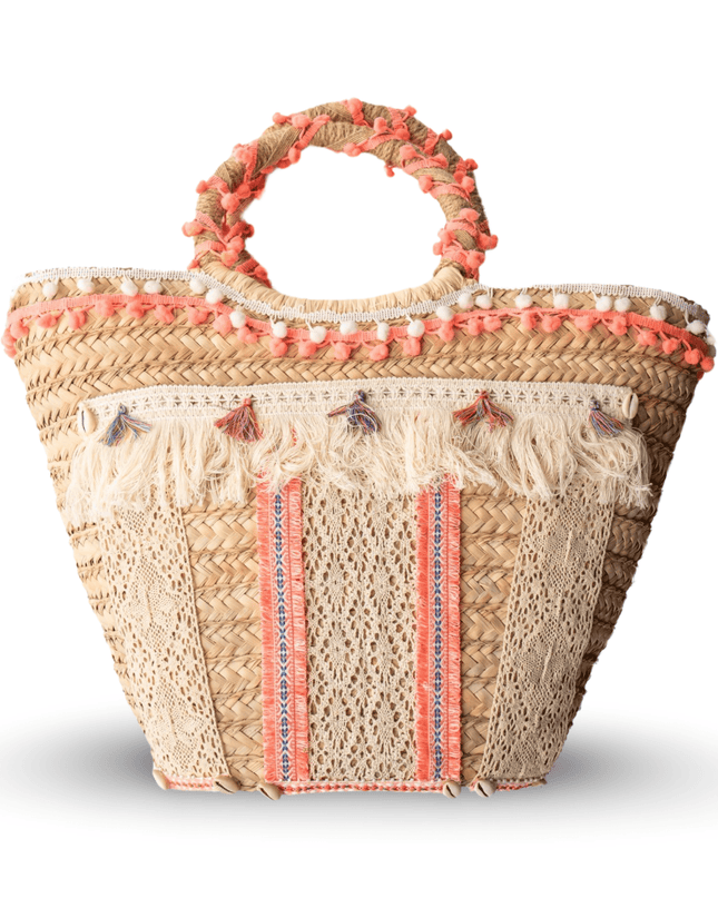 Orange Hand Beaded Straw Beach  Bag