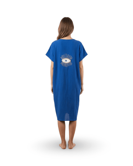 Casa Duniya Embroidered Cotton Beach Cover-Ups Evil Eye Blue Soleil Dress