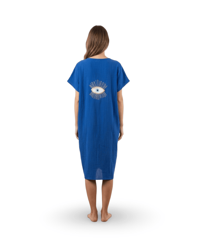 Casa Duniya Embroidered Cotton Beach Cover-Ups Evil Eye Blue Soleil Dress