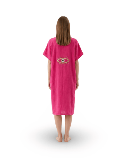 Casa Duniya Embroidered Cotton Beach Cover-Ups Evil Eye Hot Pink Soleil Dress