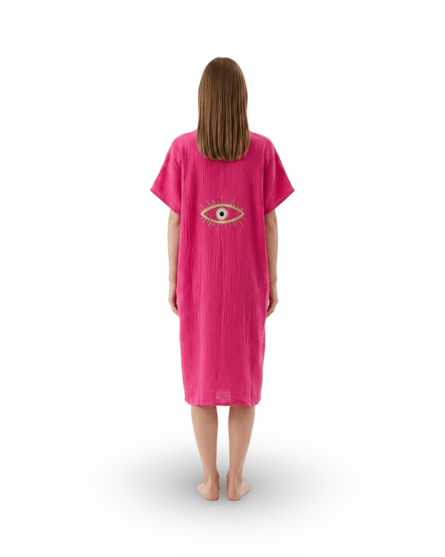 Casa Duniya Embroidered Cotton Beach Cover-Ups Evil Eye Hot Pink Soleil Dress