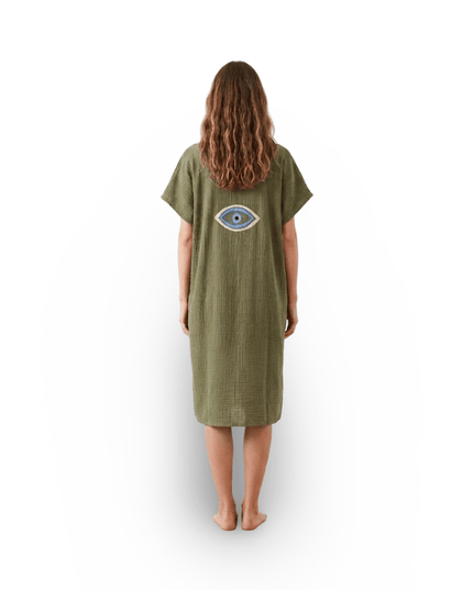 Casa Duniya Embroidered Cotton Beach Cover-Ups Evil Eye Olive Green Soleil Dress