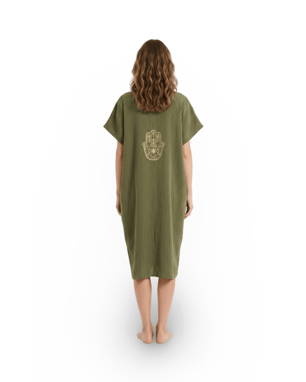 Casa Duniya Embroidered Cotton Beach Cover-Ups Hamsa Olive Green Soleil Dress