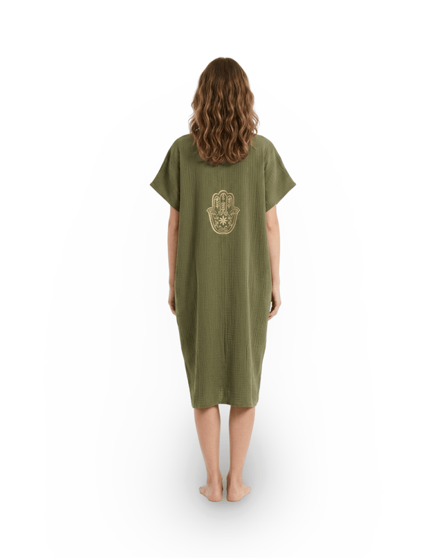 Casa Duniya Embroidered Cotton Beach Cover-Ups Hamsa Olive Green Soleil Dress