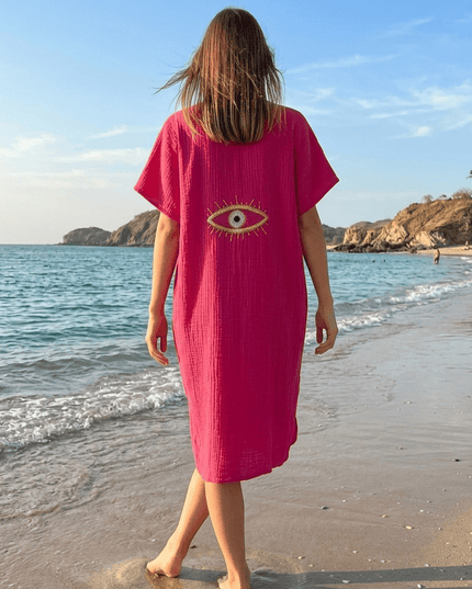Casa Duniya Embroidered Cotton Beach Cover-Ups Hot Pink Soleil Dress