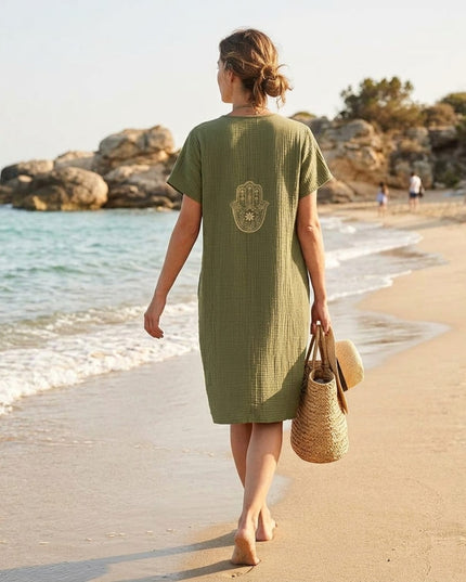 Casa Duniya Embroidered Evil Eye Beach Cover-Up Dress Styled Olive Green Soleil Dress