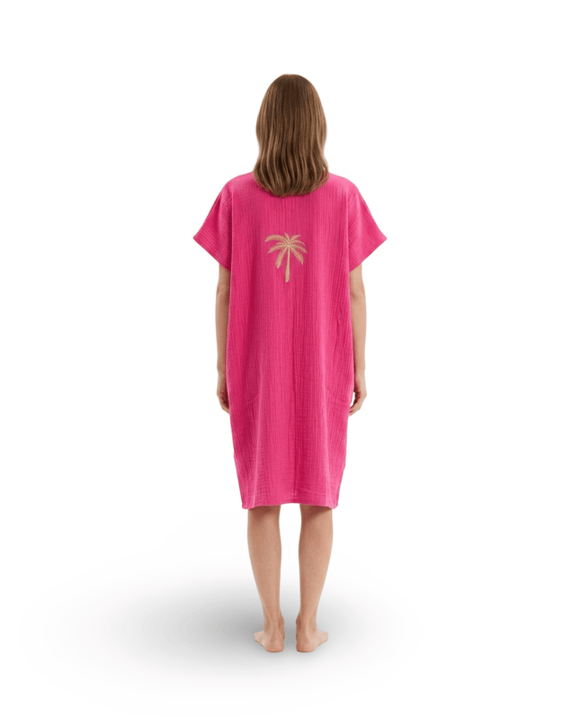 Casa Duniya Embroidered Cotton Beach Cover-Ups Palm Tree Hot Pink Soleil Dress
