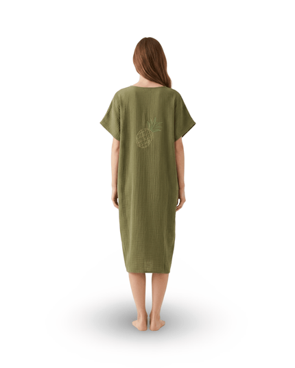 Casa Duniya Embroidered Cotton Beach Cover-Ups Pineapple Olive Green Soleil Dress