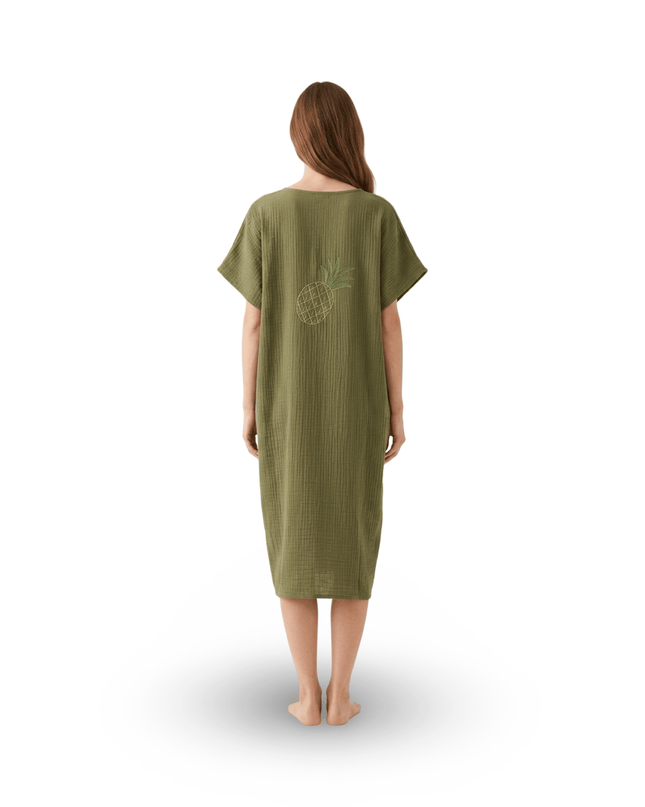 Casa Duniya Embroidered Cotton Beach Cover-Ups Pineapple Olive Green Soleil Dress