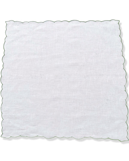 White Linen Scalloped Napkins with Green Embroidered Border