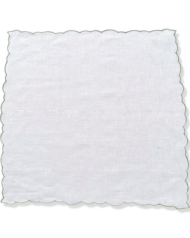 White Linen Scalloped Napkins with Green Embroidered Border