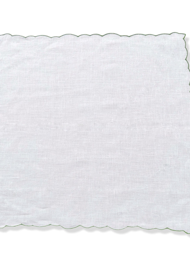 White Linen Scalloped Napkins with Green Embroidered Border