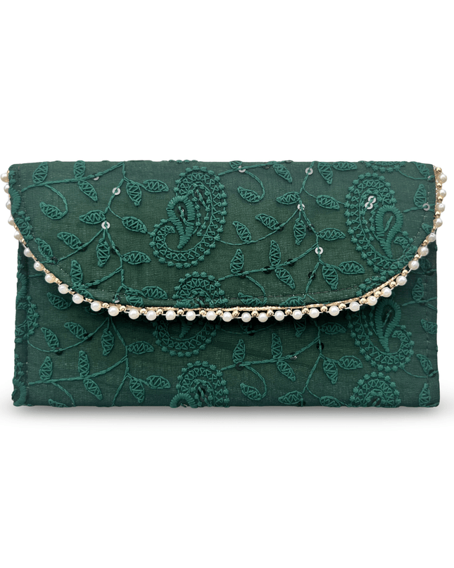 Green Linen Pouch with Floral Embroidery