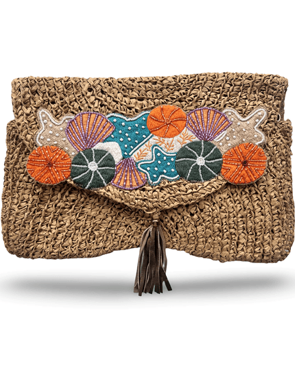 Beige Rafiya Clutch with Seashells Embroidery
