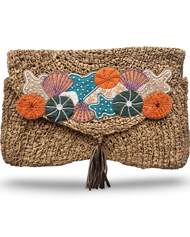 Beige Rafiya Clutch with Seashells Embroidery