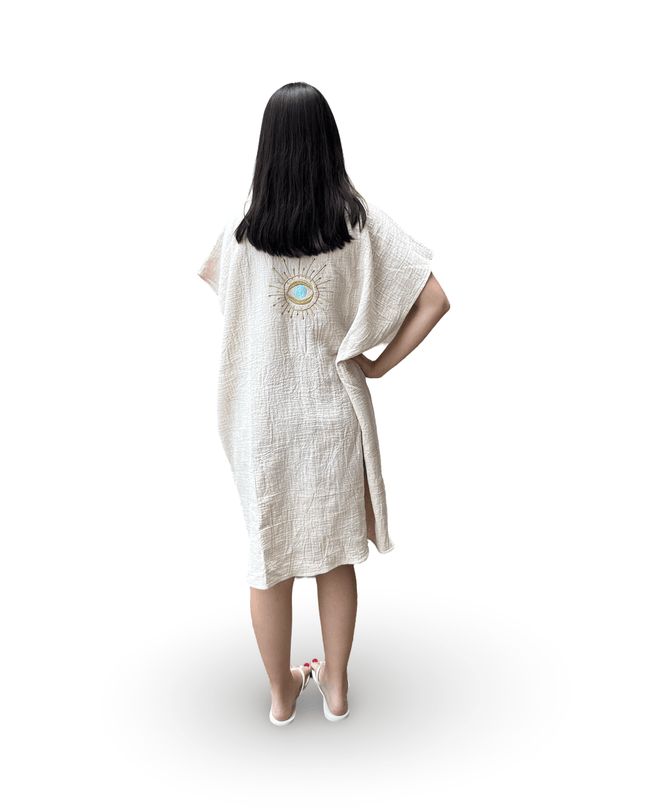 Beige Cotton Cover Up Dress with Evil Eye Embroidery