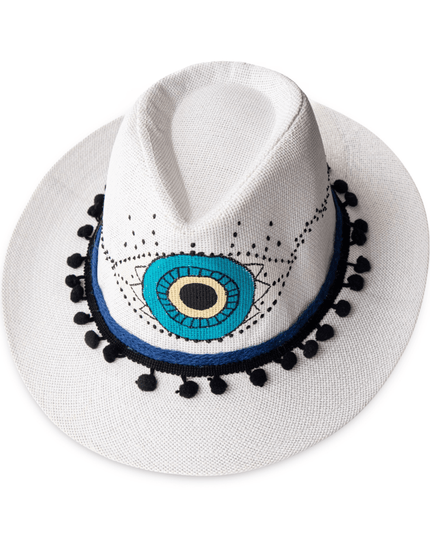 Hand Painted White Evil Eye Beach Hat with Pompoms 