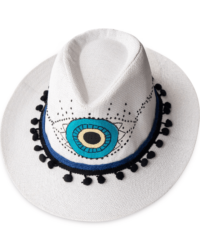 Hand Painted White Evil Eye Beach Hat with Pompoms 