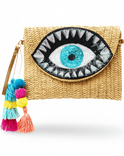 Esther Beige Woven Straw Clutch With Sequins Evil Eye Design, Removable Strap, And Colorful Tassels And Pompoms