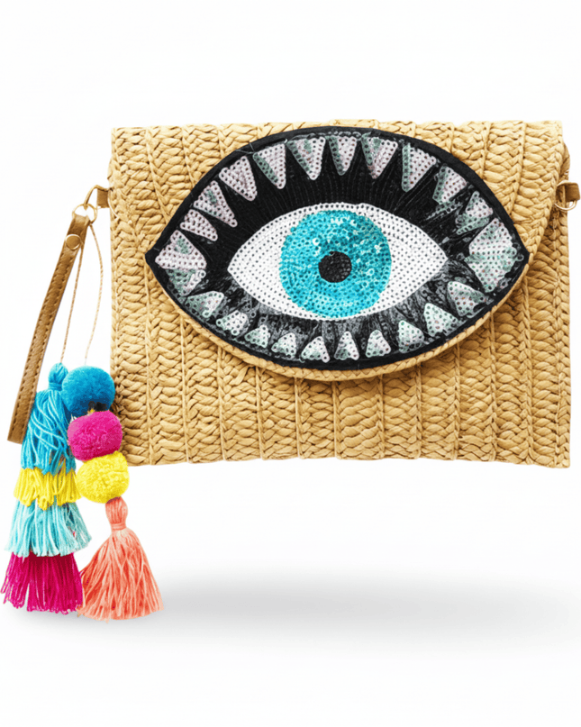 Esther Beige Woven Straw Clutch With Sequins Evil Eye Design, Removable Strap, And Colorful Tassels And Pompoms