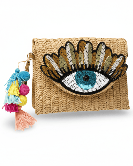 Ruth Beige Straw Clutch Bag With Sequins Evil Eye Design, Removable Strap, Colorful Tassels And Pompoms