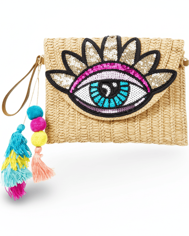 Shira Beige Woven Straw Clutch Bag With Sequins Evil Eye Motif, Removable Strap, Colorful Tassels And Pompoms