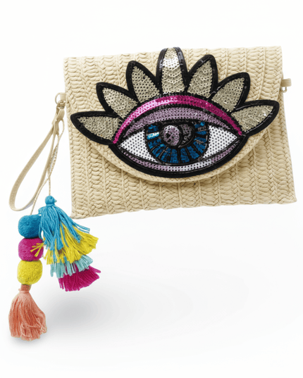 Yael Off-White Straw Woven Clutch Bag With Sequins Evil Eye Design, Removable Strap, Tassels And Pompoms