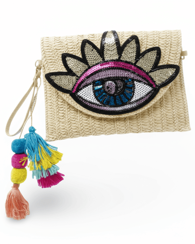 Yael Off-White Straw Woven Clutch Bag With Sequins Evil Eye Design, Removable Strap, Tassels And Pompoms