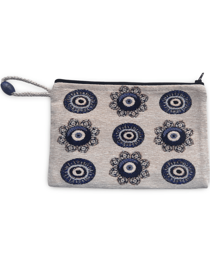 Gray Cotton Pouch with Navy Evil Eye Designs and Wrist Strap