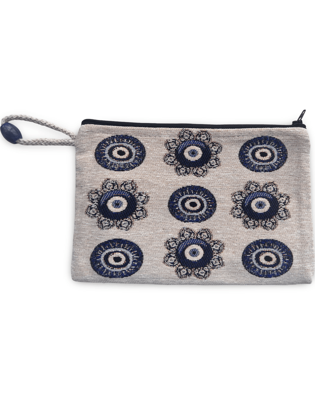Gray Cotton Pouch with Navy Evil Eye Designs and Wrist Strap