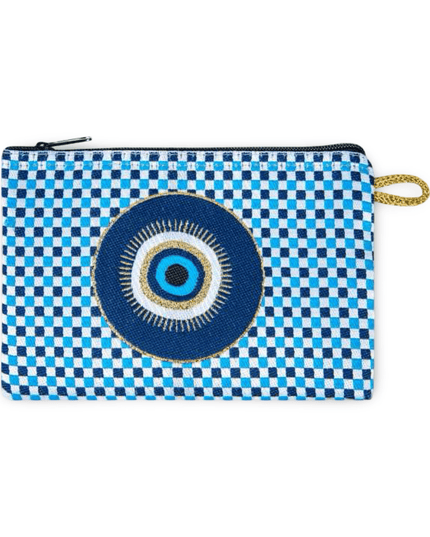 Blue and white checkered pouch with a central evil eye design on a white background