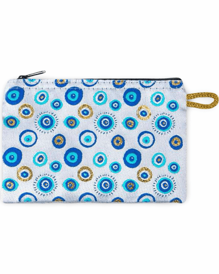 Small pouch with blue and gold evil eye pattern on a white background