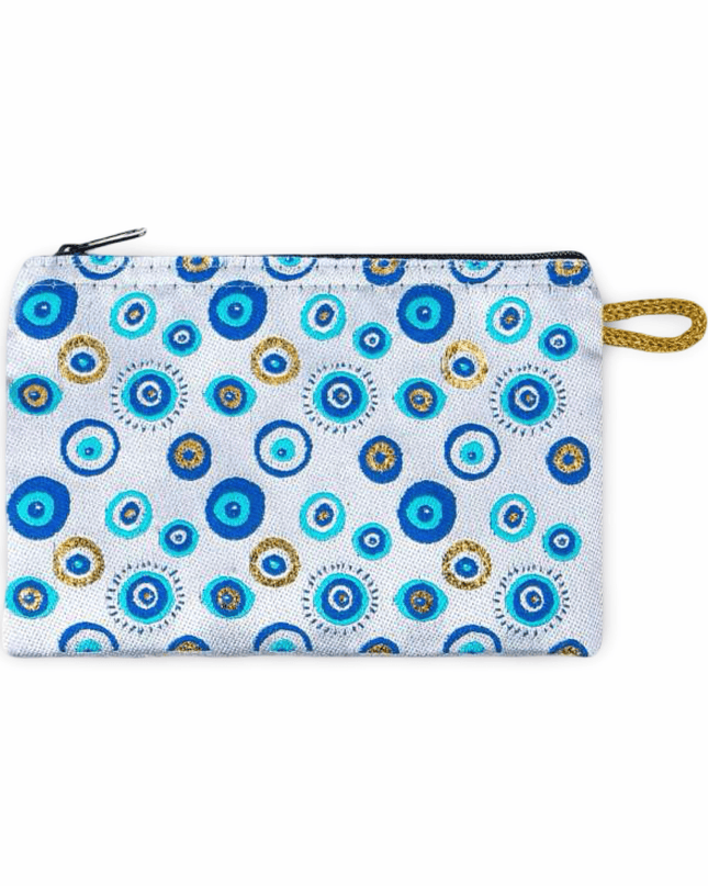 Small pouch with blue and gold evil eye pattern on a white background