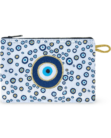 Pouch with blue and gold evil eye design on a white background