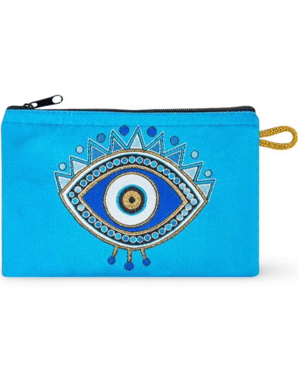Blue pouch with an evil eye design on a white background