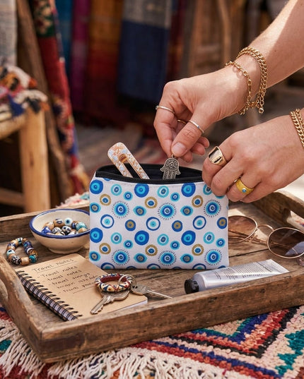 Sofia Cosmetic Pouch with multiple evil eyes, held open over a wooden tray