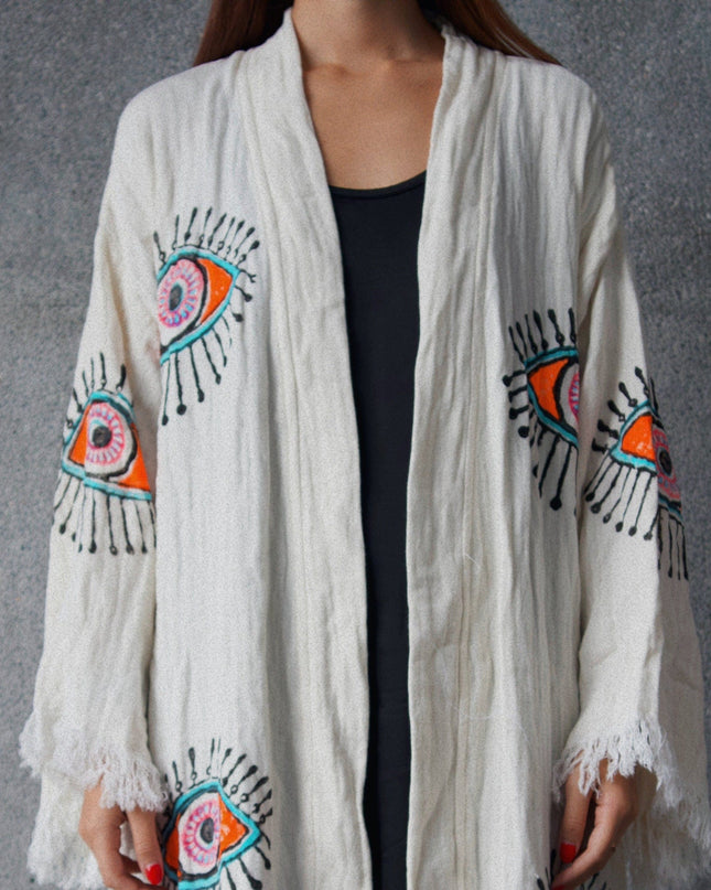 Off-White Robe With Bright Orange Evil Eye Designs