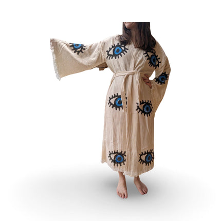 Hand Painted Cotton Kimono with Blue Evil Eyes