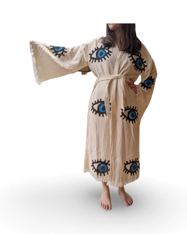 Hand Painted Cotton Kimono with Blue Evil Eyes