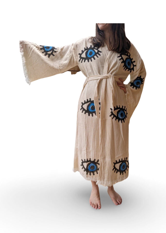 Hand Painted Cotton Kimono with Blue Evil Eyes