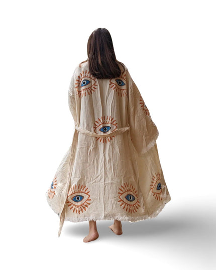 Hand Painted Cotton Kimono with Orange Evil Eyes