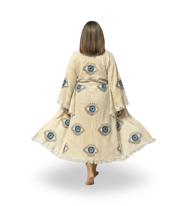 Casa Duniya Evil Eye Embroidered Cotton Kimono Illuminated Blue Eye Awali Kimono