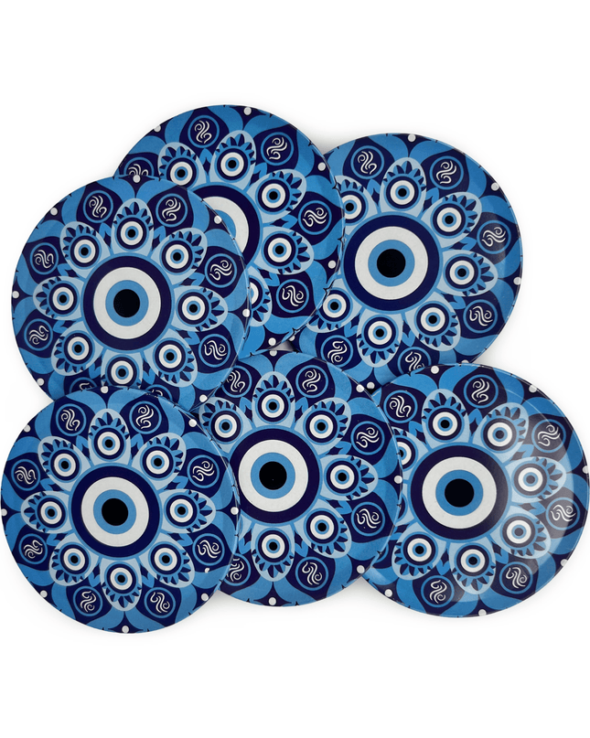 Blue Aluminum Evil Eye Coaster Set with Cork Base