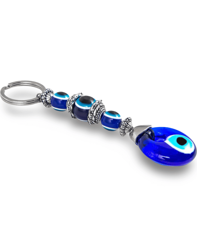 Blue evil eye keychain with silver accents on a white background