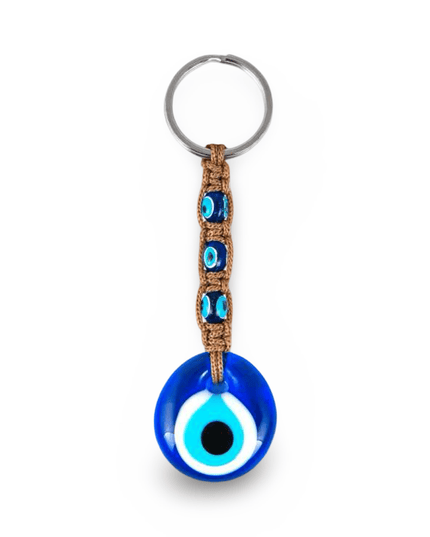 Keychain with blue evil eye design with brown macrame on a white background