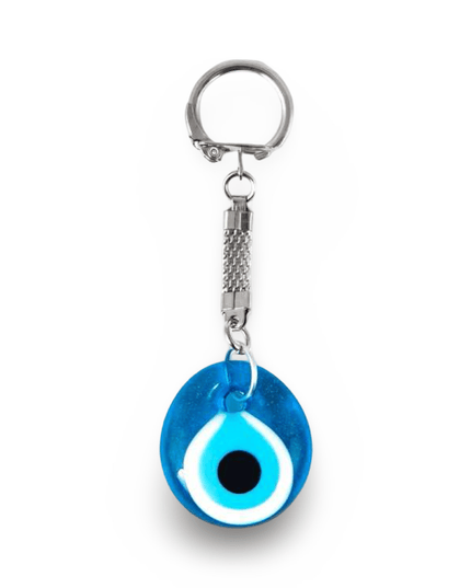 Blue evil eye keychain on a white background