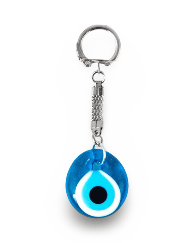 Blue evil eye keychain on a white background
