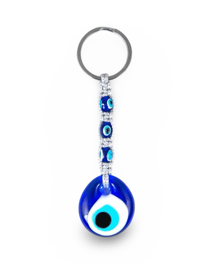Keychain with blue evil eye design and macrame on a white background